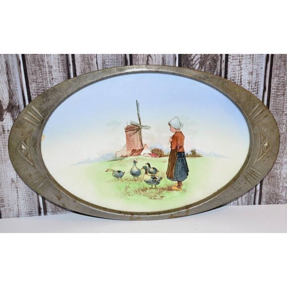 Vtg Metal Brass Framed Platter Hand Painted Dutch Girl Geese Windmill Porcelain - Picture 1 of 16